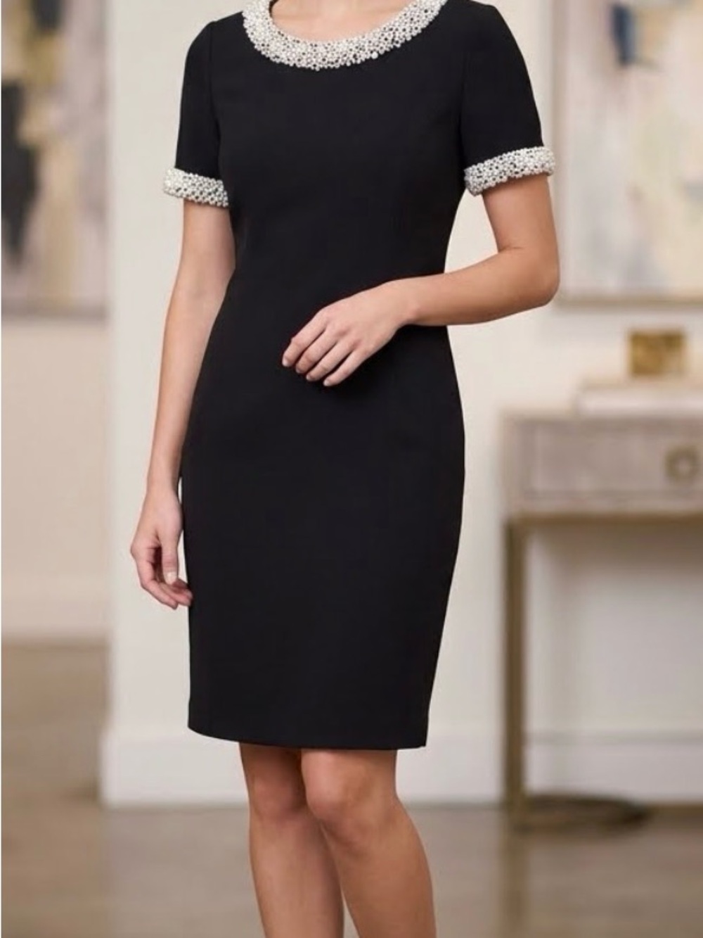 Victor Costa Black Sheath Dress with Pearl Trim